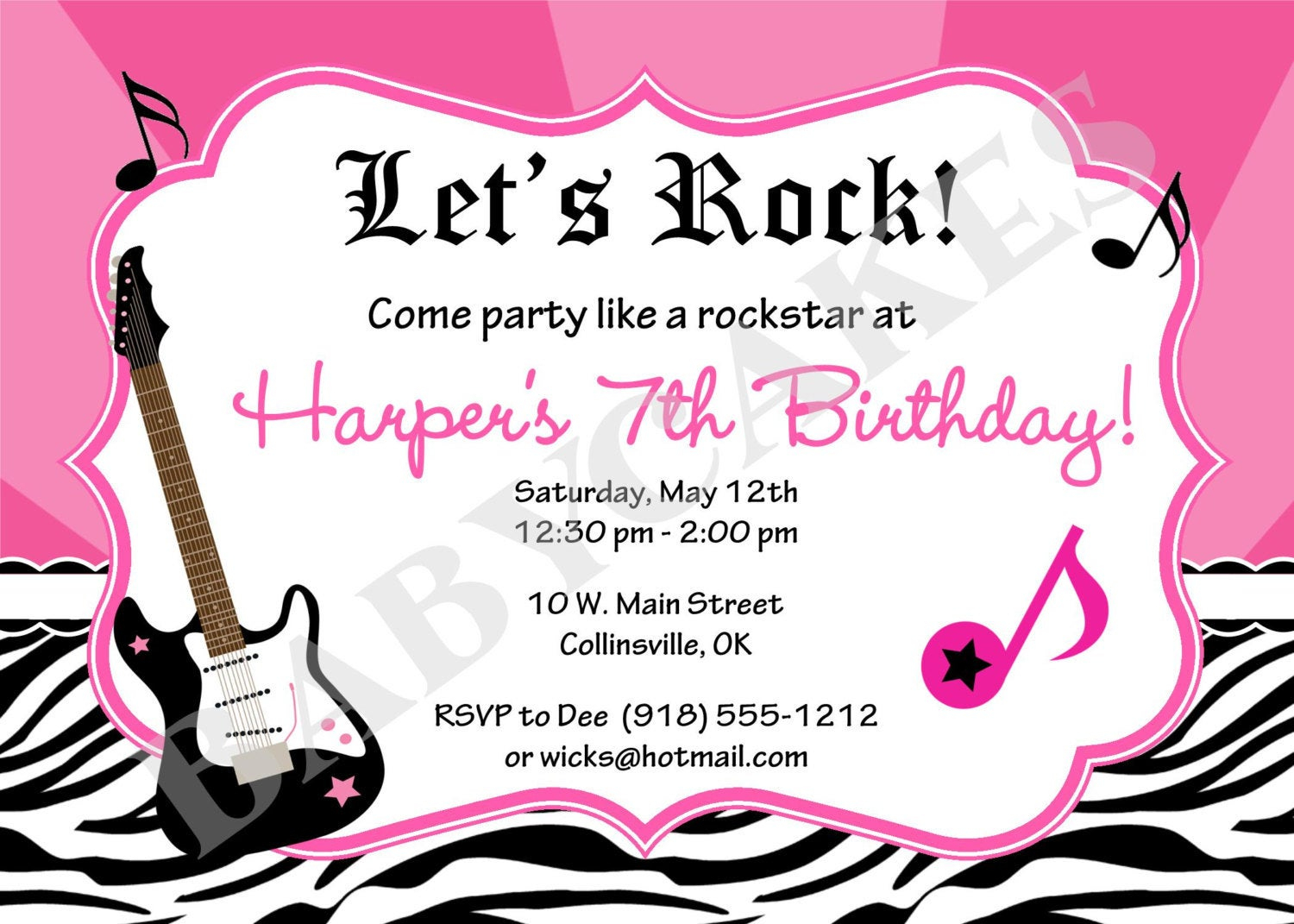 Rockstar Birthday Invitation Rockstar Party Zebra Print DIY