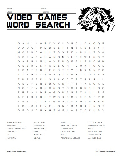 Video Games Word Search Free Printable 