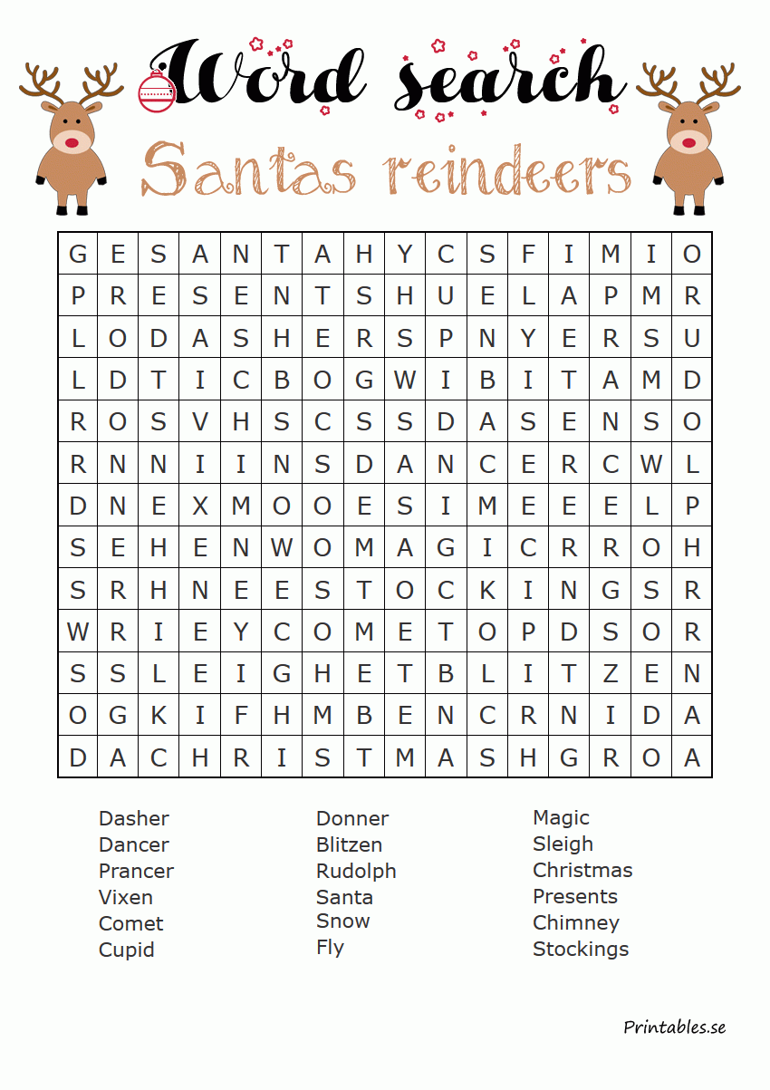 Word Search Santas Reindeer free Printable 