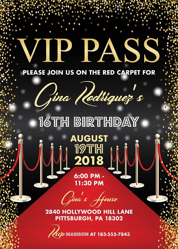 VIP Pass Hollywood Red Carpet Birthday Invitation Sweet 