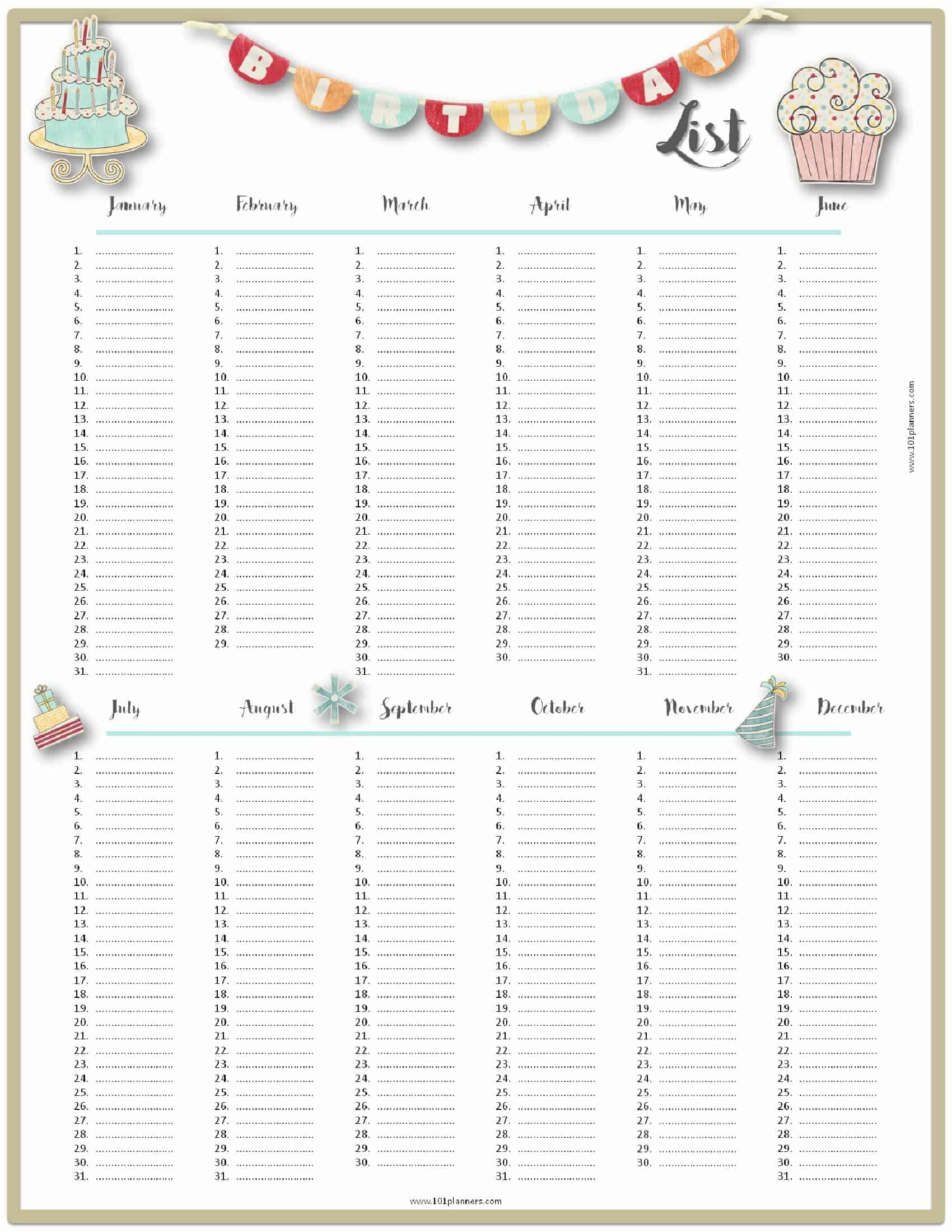 Birthday List Printable FreePrintableTM FreePrintableTM