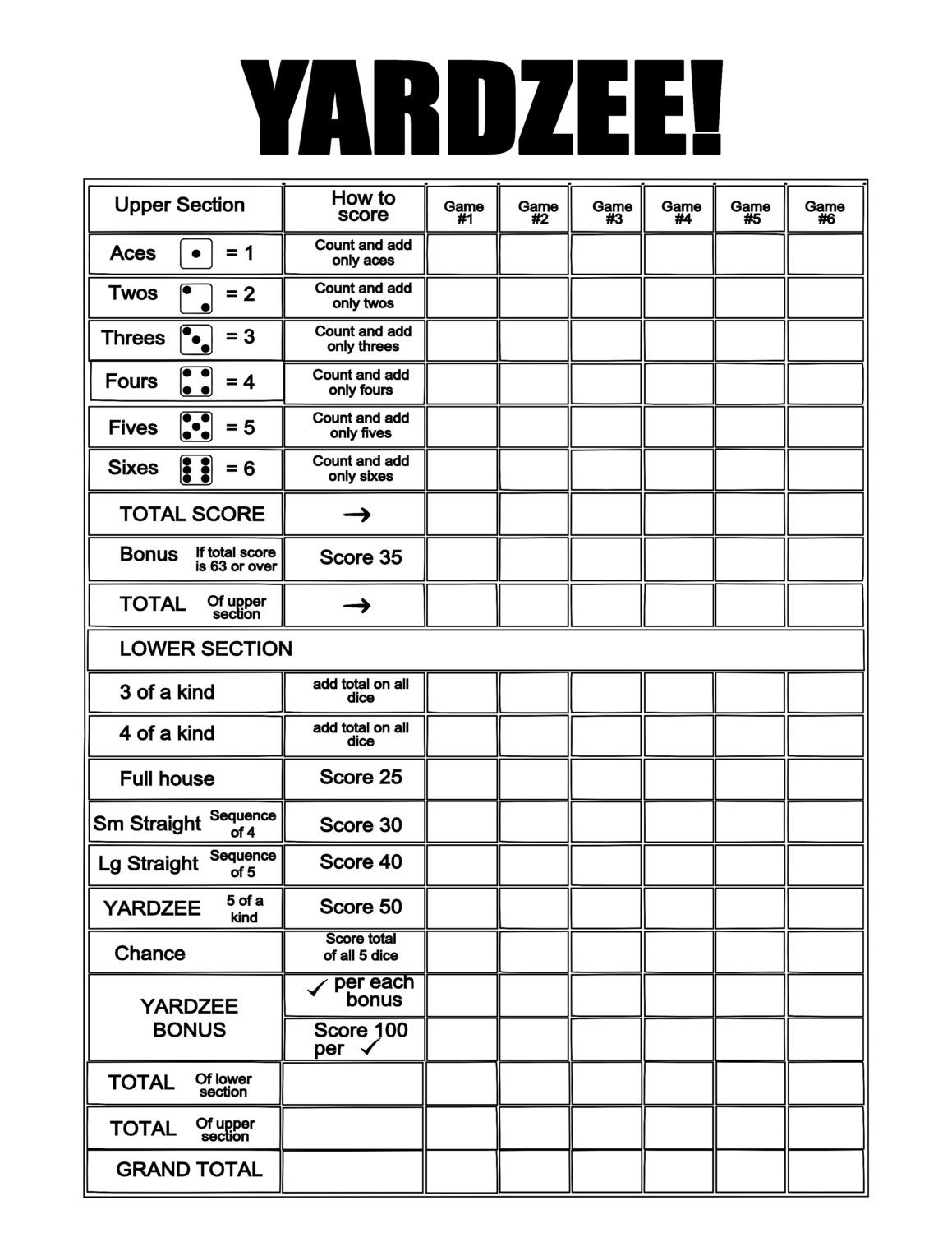 Printable YARDZEE Score File DIY Yardzee Scorecard Digital