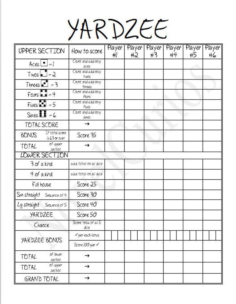 Printable YARDZEE Score Sheet In 2020 Yardzee