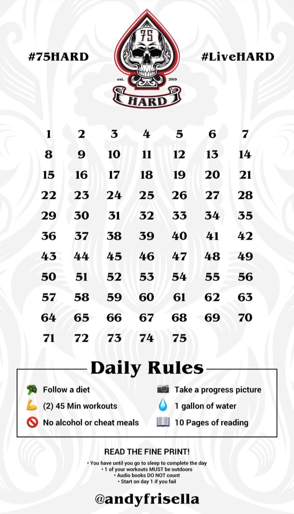 75 Day Hard Challenge Checklist Printable