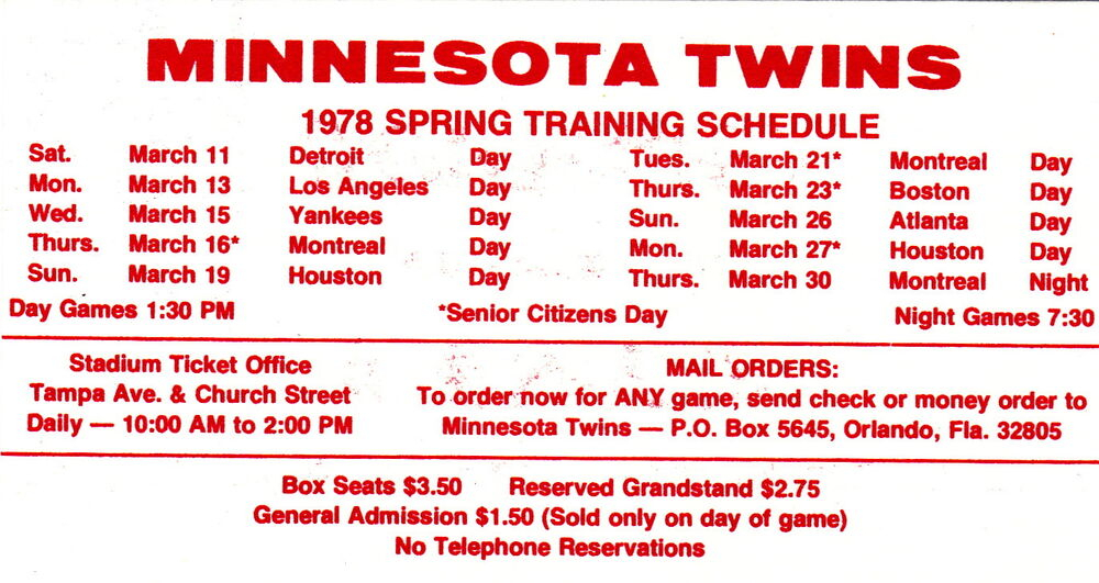 1978 MINNESOTA TWINS BASEBALL SPRING TRAINING POCKET 