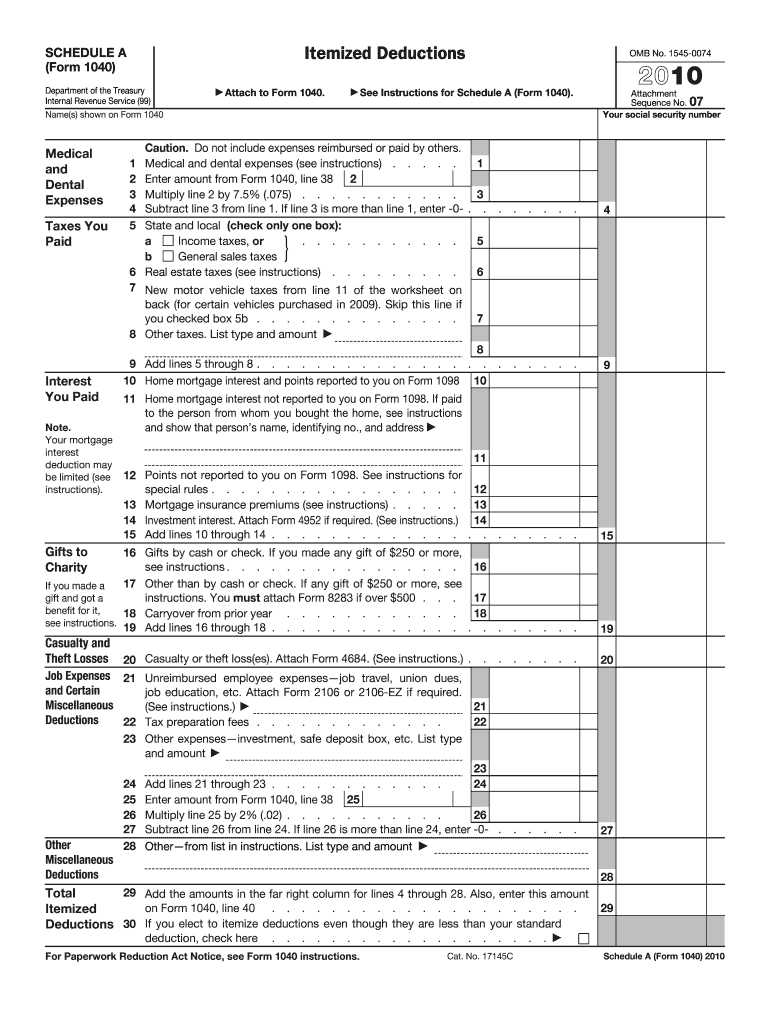 2010 Form 1040 Schedule A Fill Online Printable Db excel