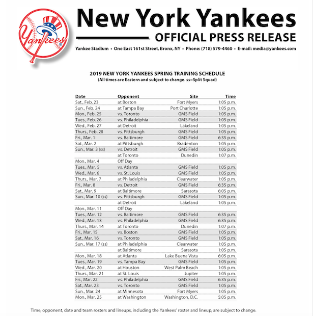 2019 New York Yankees Spring Training Schedule Muscle 