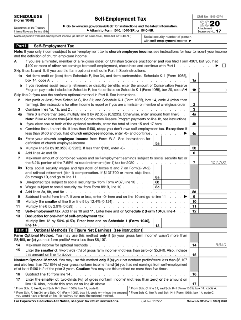 2020 Form IRS 1040 Schedule SE Fill Online Printable 