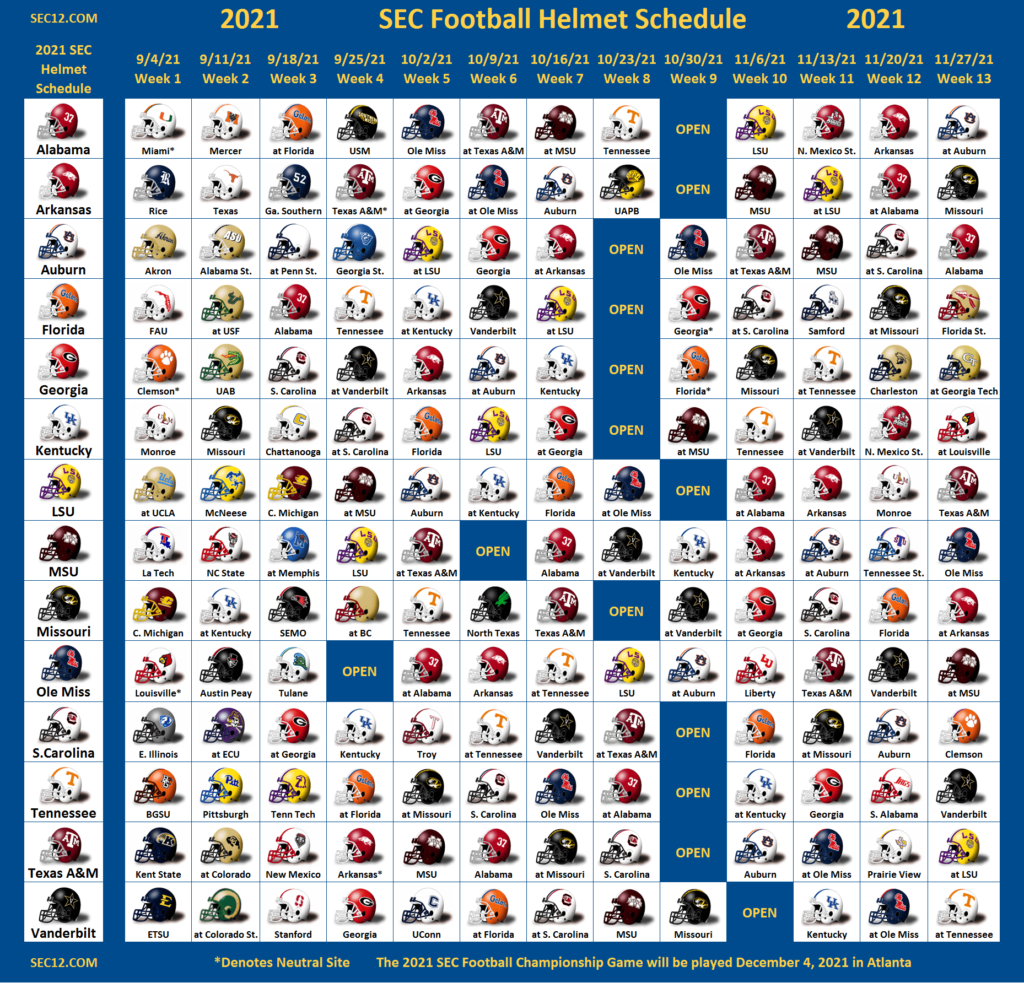 2021 SEC Football Helmet Schedule SEC12 SEC Football