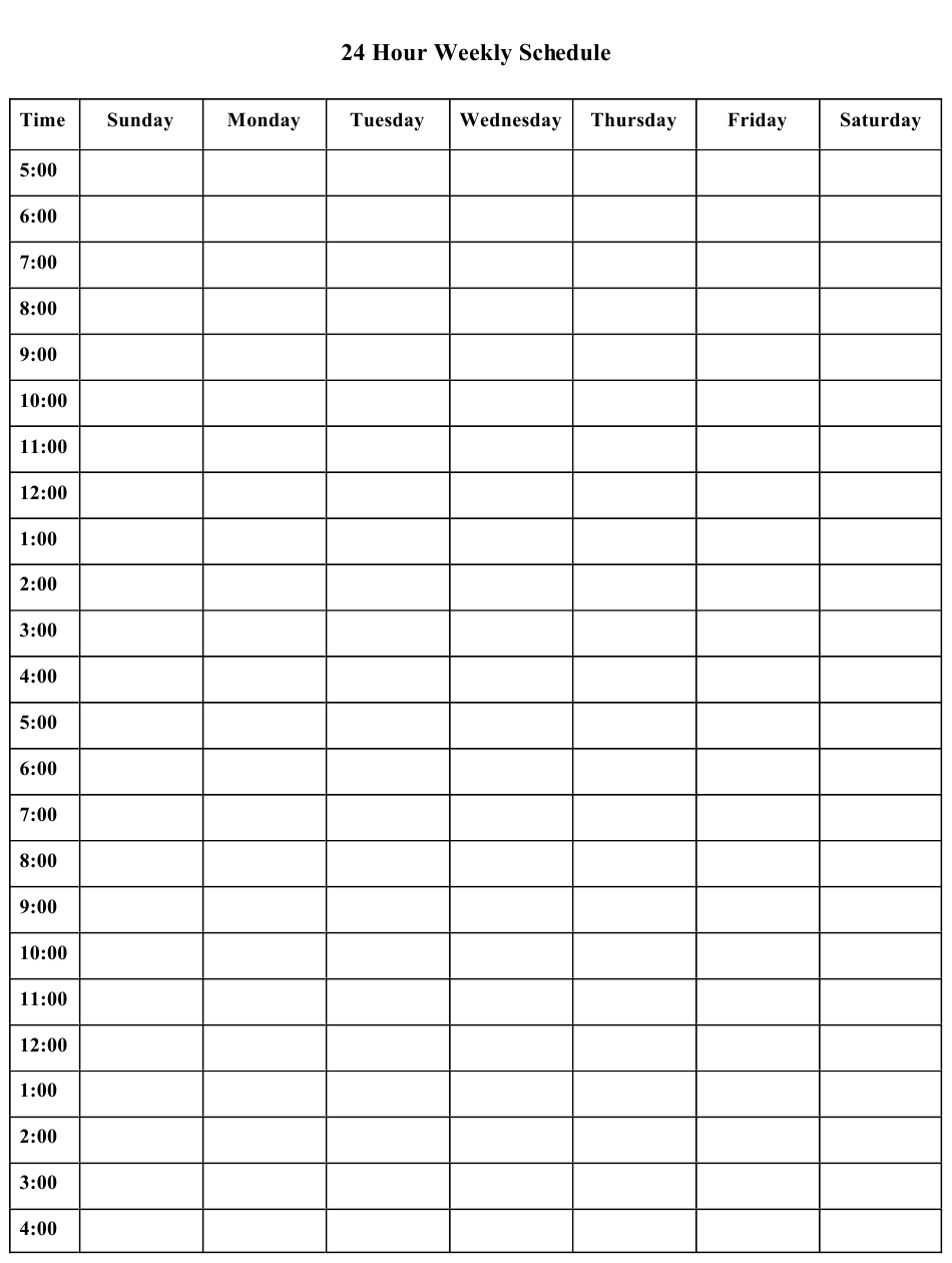 24 hour Weekly Schedule Template Download Printable PDF 