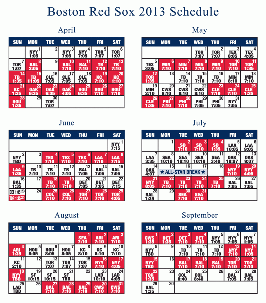 Red Sox Printable Schedule