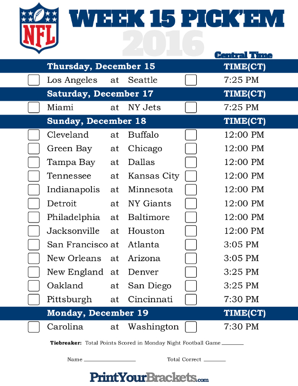 Central Time Week 15 NFL Schedule 2016 Printable