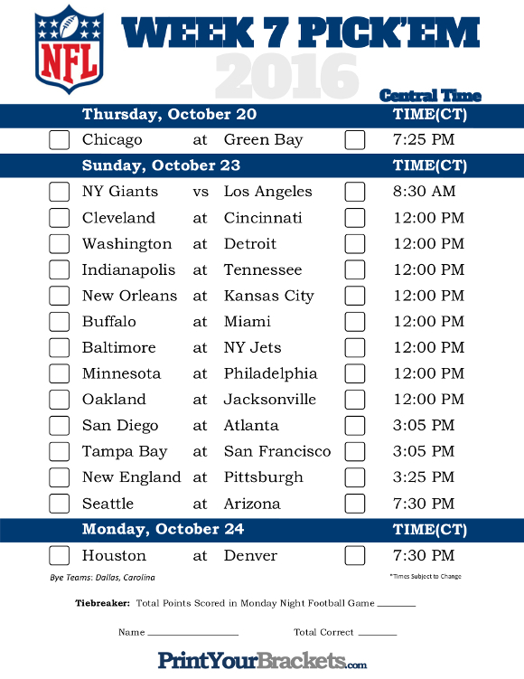 Central Time Week 7 NFL Schedule 2016 Printable