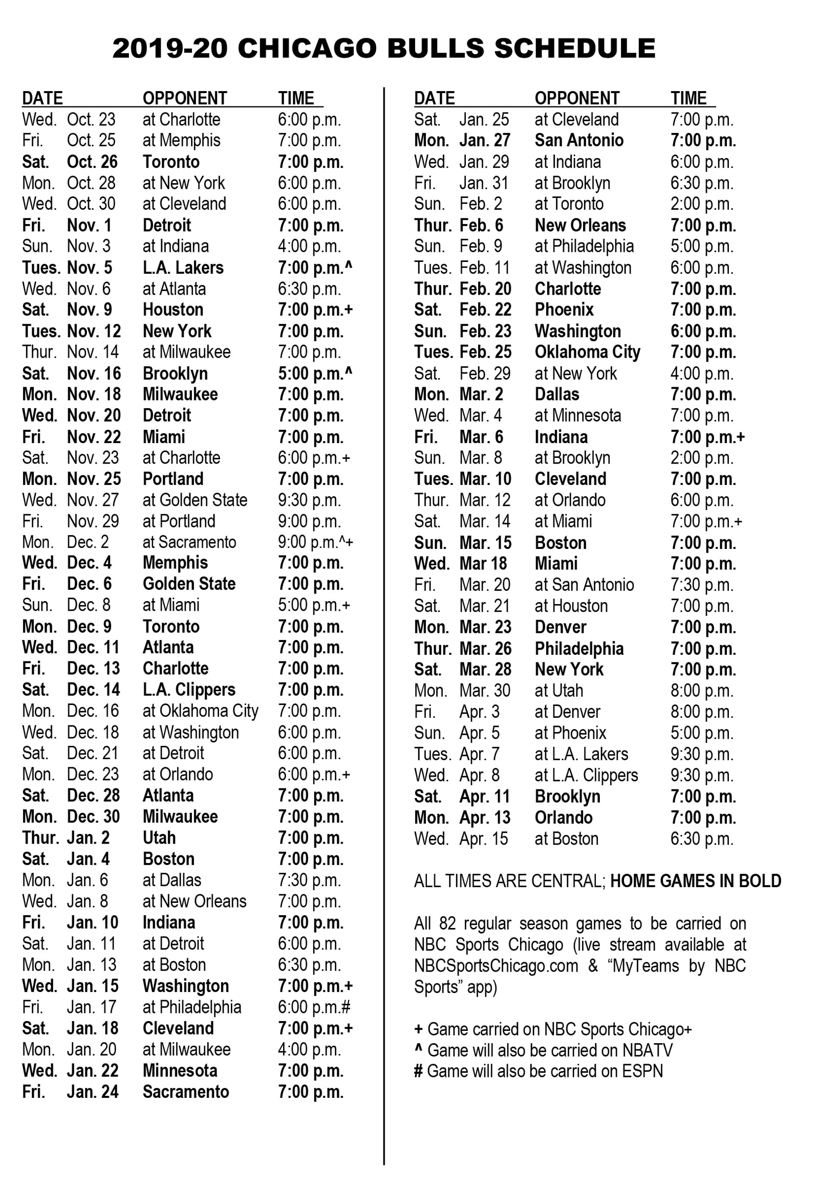 Chicago Bulls Announce 2019 20 Schedule Chicago Bulls