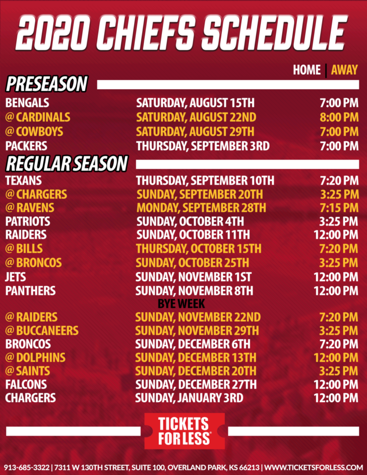 Chiefs Printable Schedule Kansas City Chiefs Schedule