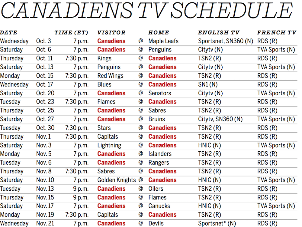 Download A Printable TV Schedule For The Canadiens 2018 