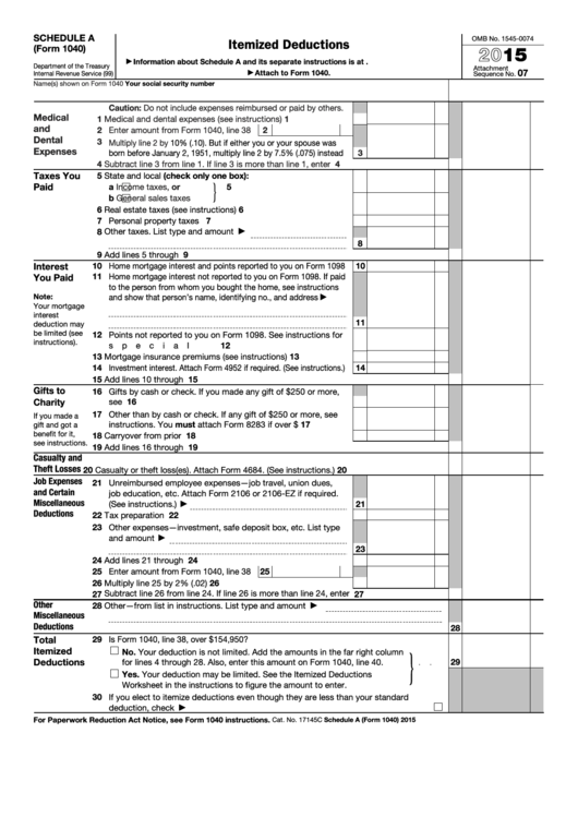 Fillable Schedule A Form 1040 Itemized Deductions 