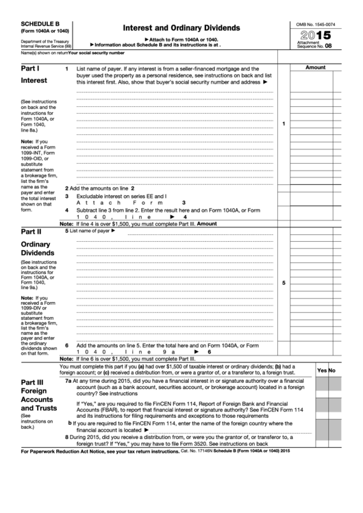 Fillable Schedule B Form 1040a Or 1040 Interest And 1040 