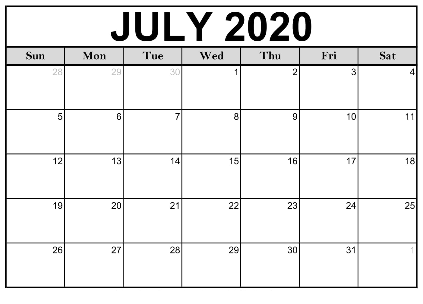 Free Printable July 2020 Calendar Monthly Template