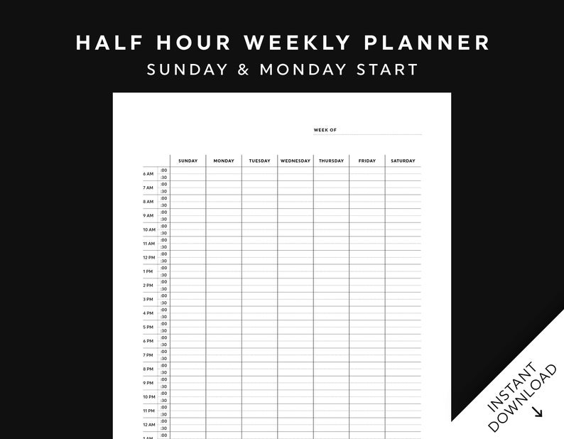 Half Hour Weekly Schedule Printable Half Hour Daily 