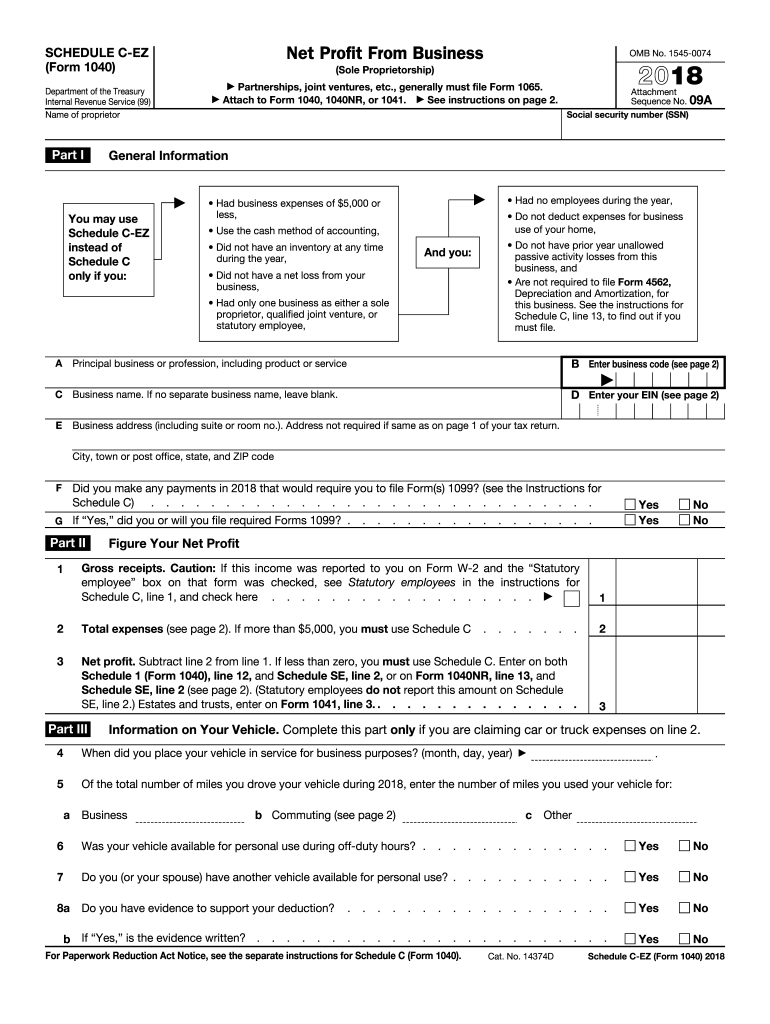 IRS 1040 Schedule C EZ 2018 Fill And Sign Printable 