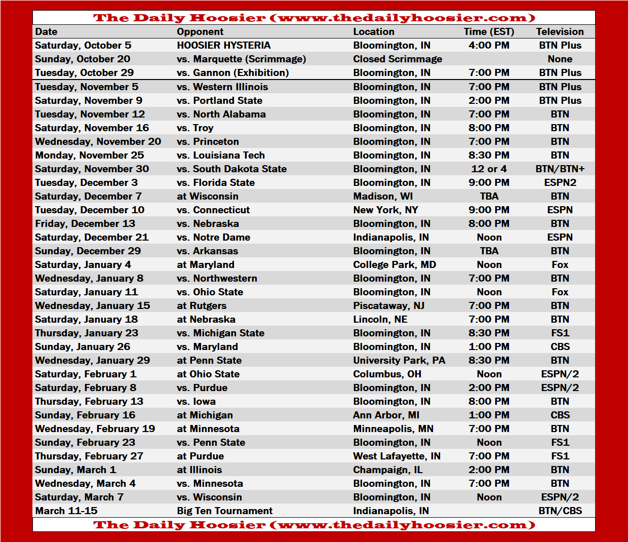 IU Basketball Printable Schedule 2019 20 The Daily Hoosier