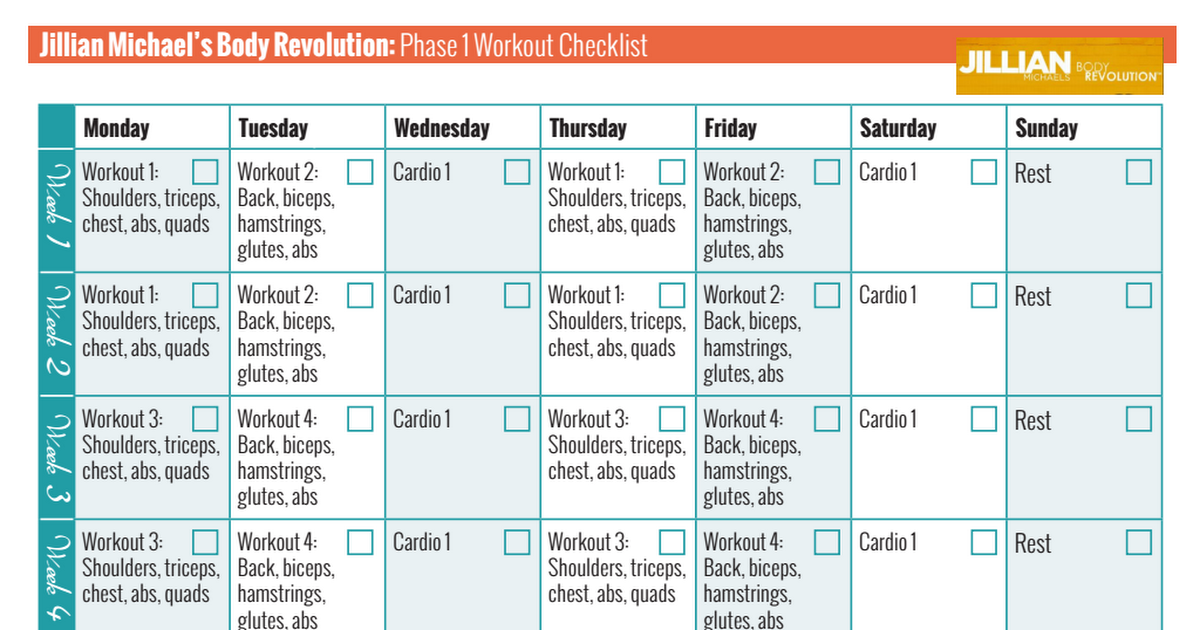 Jillian Michaels Body Revolution Phase 1 Workout Checklist 