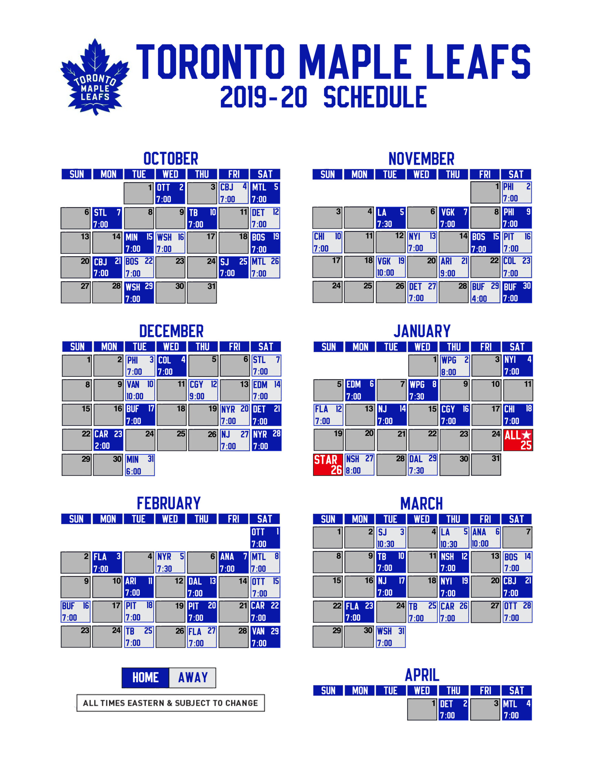 Leafs 2019 20 Printable Schedule Leafs