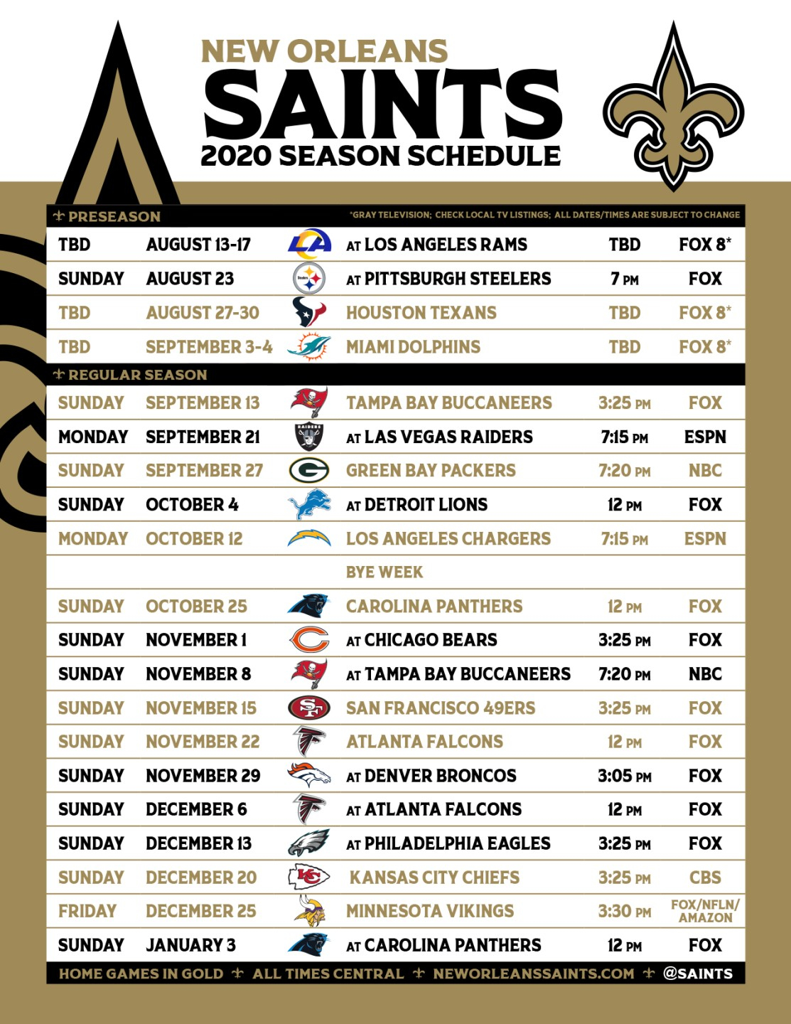 New Orleans Saints Release Schedule For 2020 Season