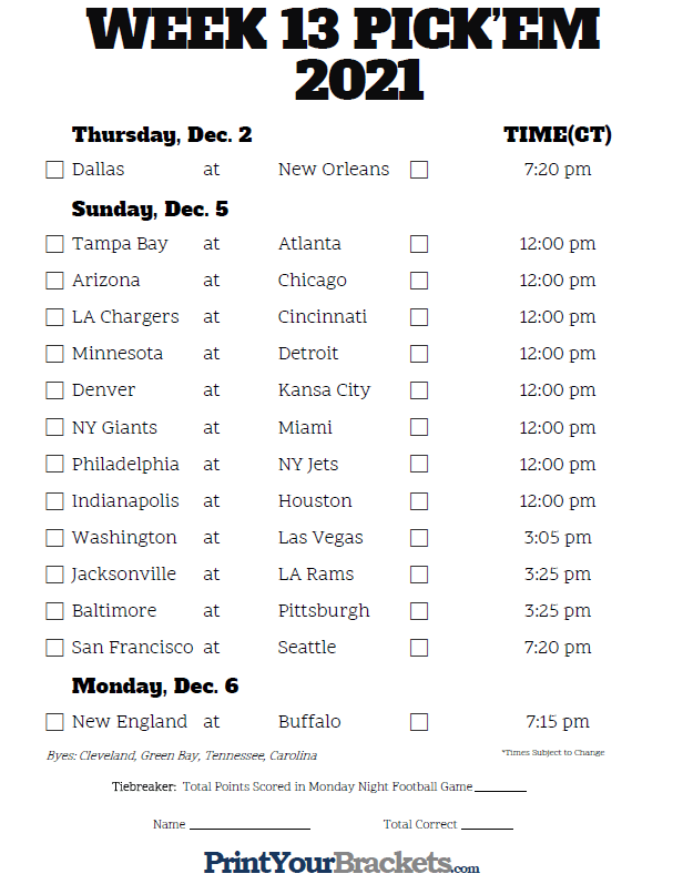 Nfl Week 13 Printable Schedule That Are Decisive Aubrey Blog