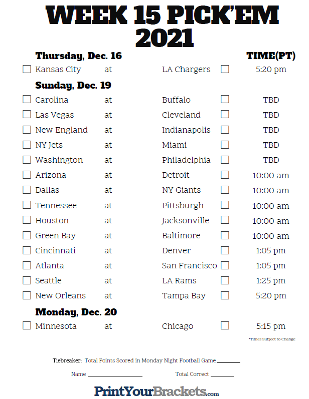 Pacific Time Week 15 NFL Schedule 2020 Printable