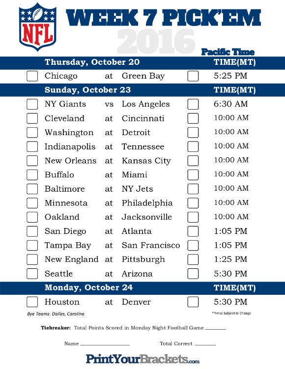 Pacific Time Week 7 NFL Schedule 2016 Printable