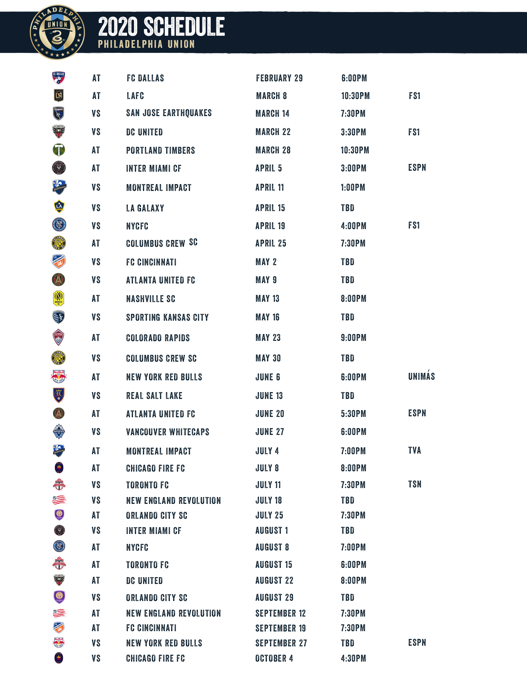 Philadelphia Union Announce 2020 Regular Season Schedule