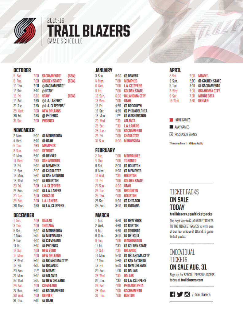 Printable Portland Trail Blazers Schedule