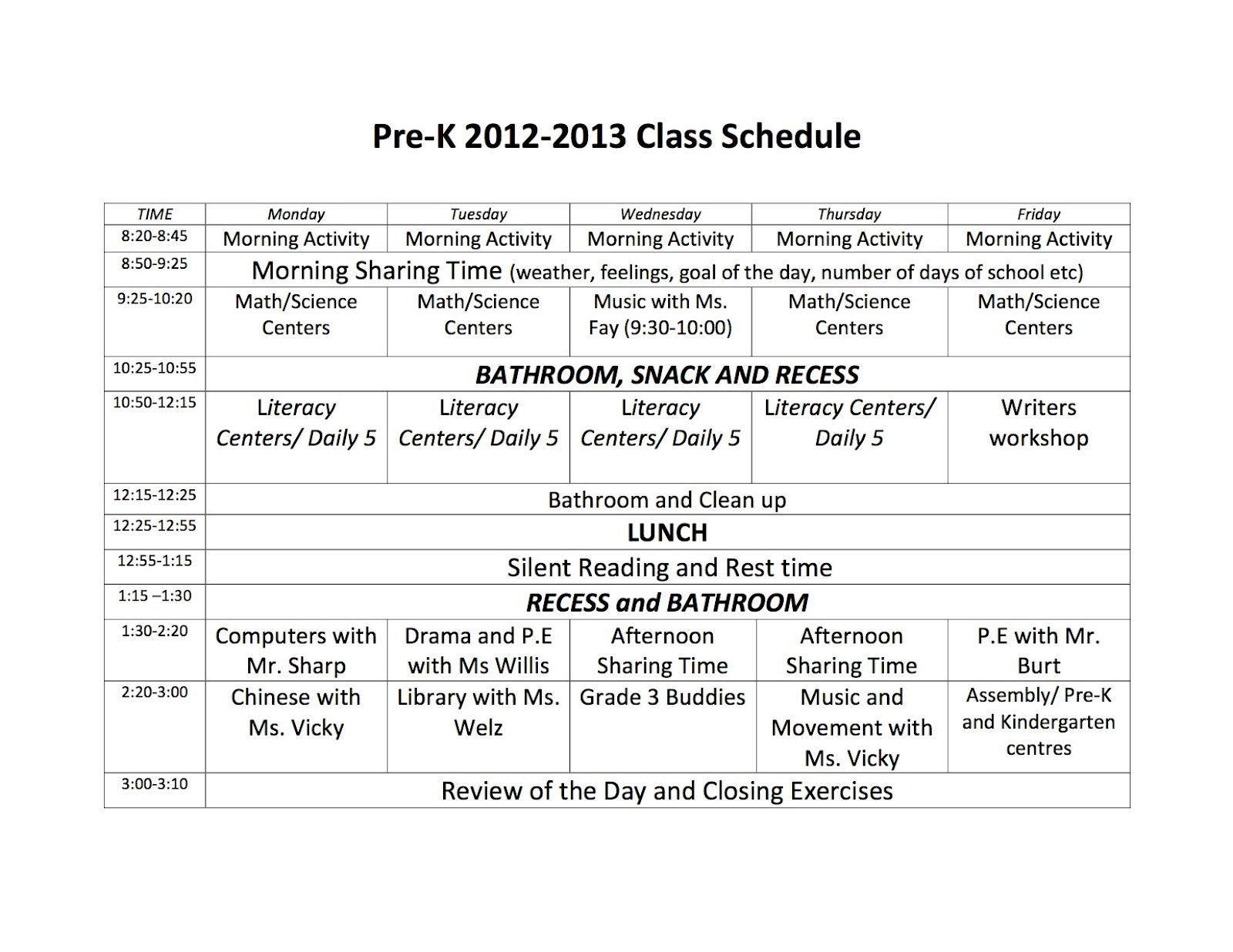 PreK HIS Pre K Class Schedule