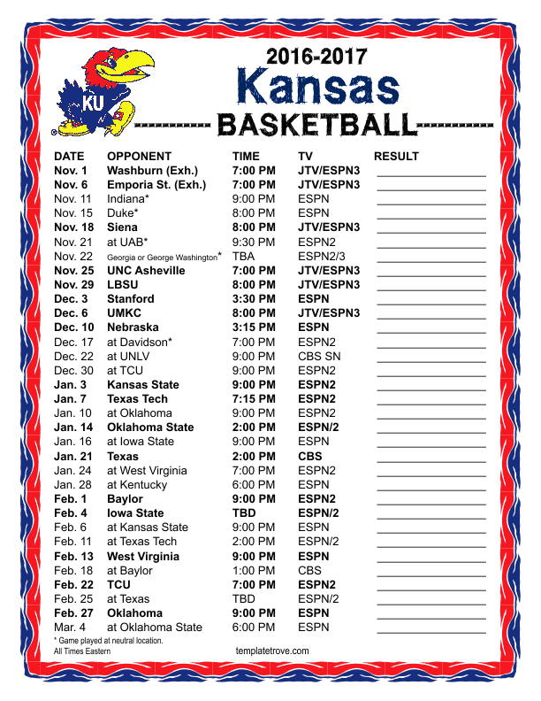 Printable 2016 2017 Kansas Jayhawks Basketball Schedule