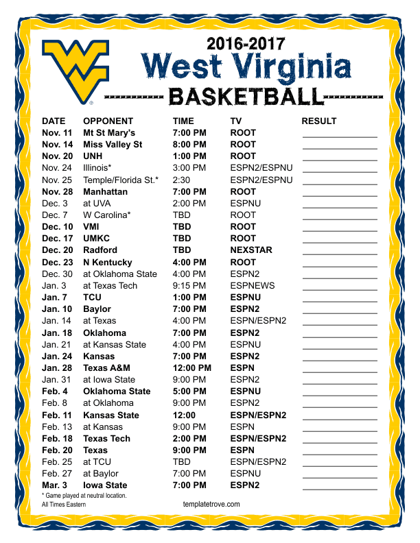 Printable 2016 2017 West Virginia Mountaineers Basketball 