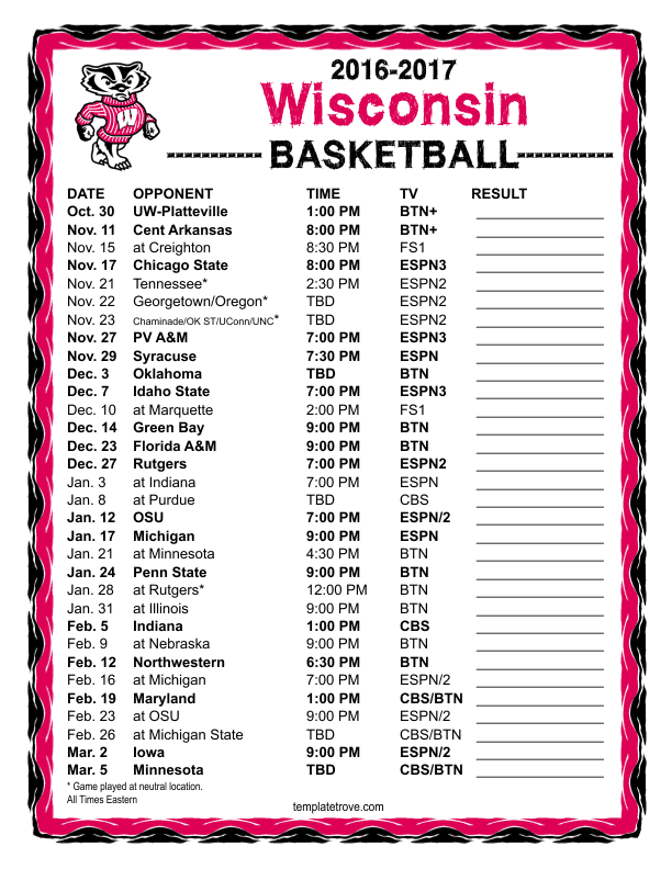 Wisconsin Badgers Basketball Schedule 2021 Printable FreePrintableTM