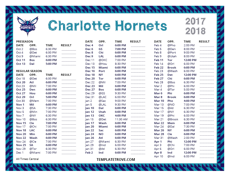 Printable 2017 2018 Charlotte Hornets Schedule