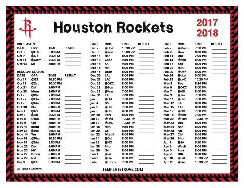 Printable 2017 2018 Houston Rockets Schedule