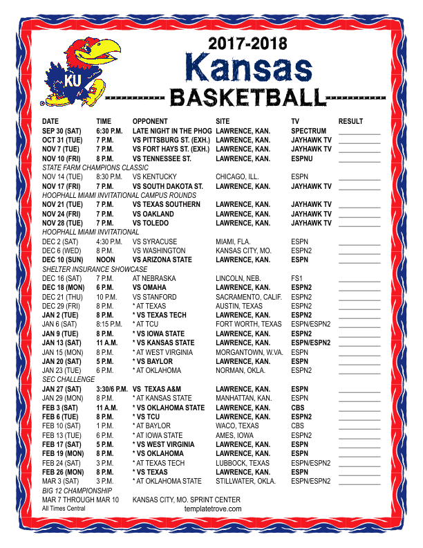 Printable 2017 2018 Kansas Jayhawks Basketball Schedule