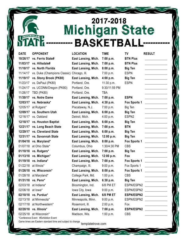 Printable 2017 2018 Michigan State Spartans Basketball 