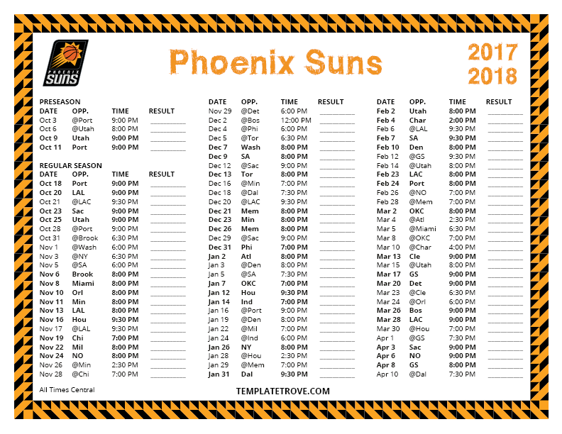 Printable 2017 2018 Phoenix Suns Schedule