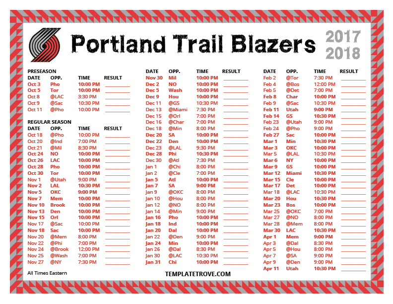 Printable 2017 2018 Portland Trail Blazers Schedule