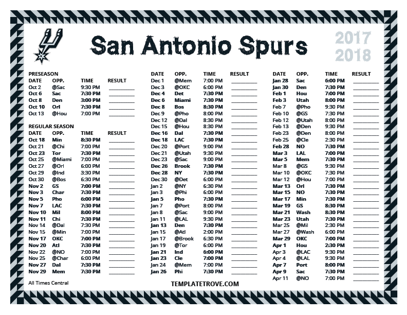 Printable 2017 2018 San Antonio Spurs Schedule