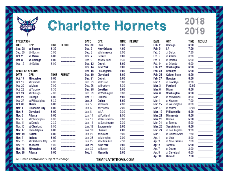 Printable 2018 2019 Charlotte Hornets Schedule