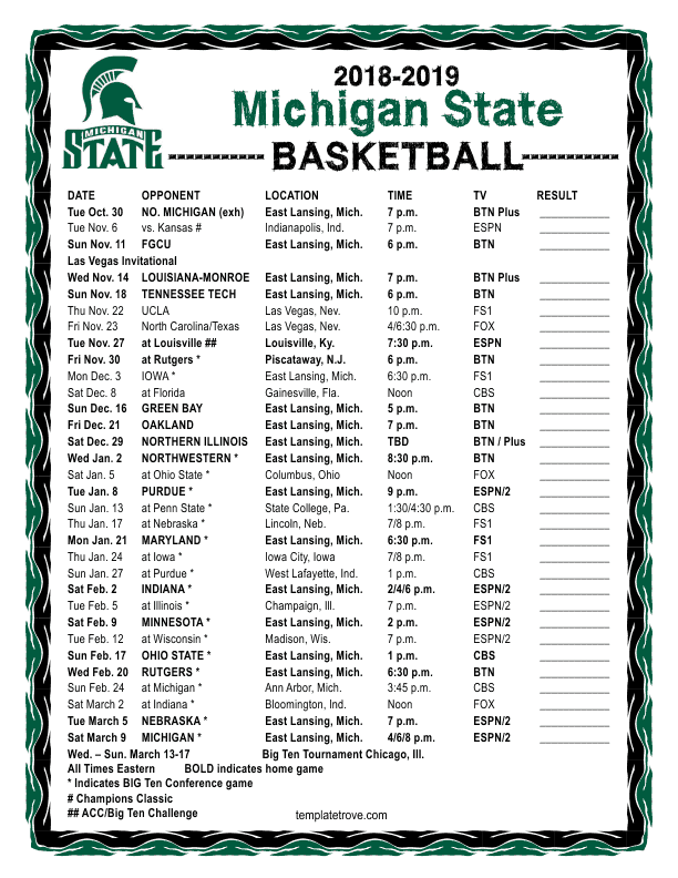 Printable 2018 2019 Michigan State Spartans Basketball