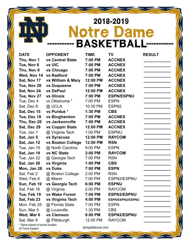 Printable 2018 2019 Notre Dame Fighting Irish Basketball 