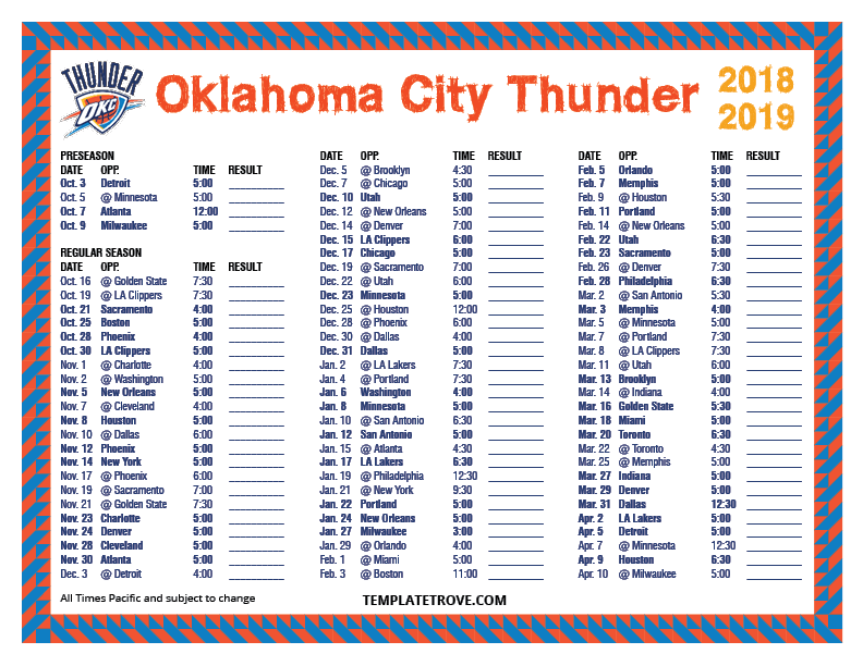 Okc Thunder Printable Home Schedule