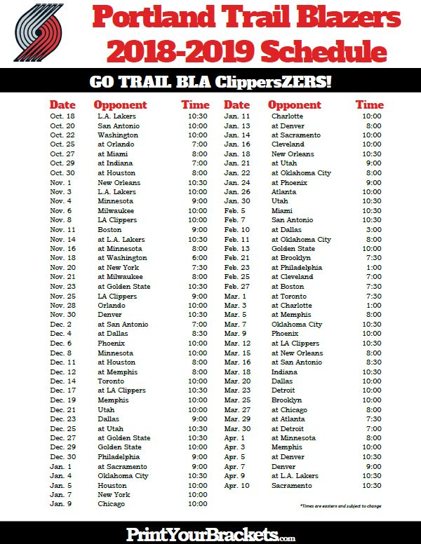 Printable 2018 2019 Portland Trail Blazers Schedule Nba 